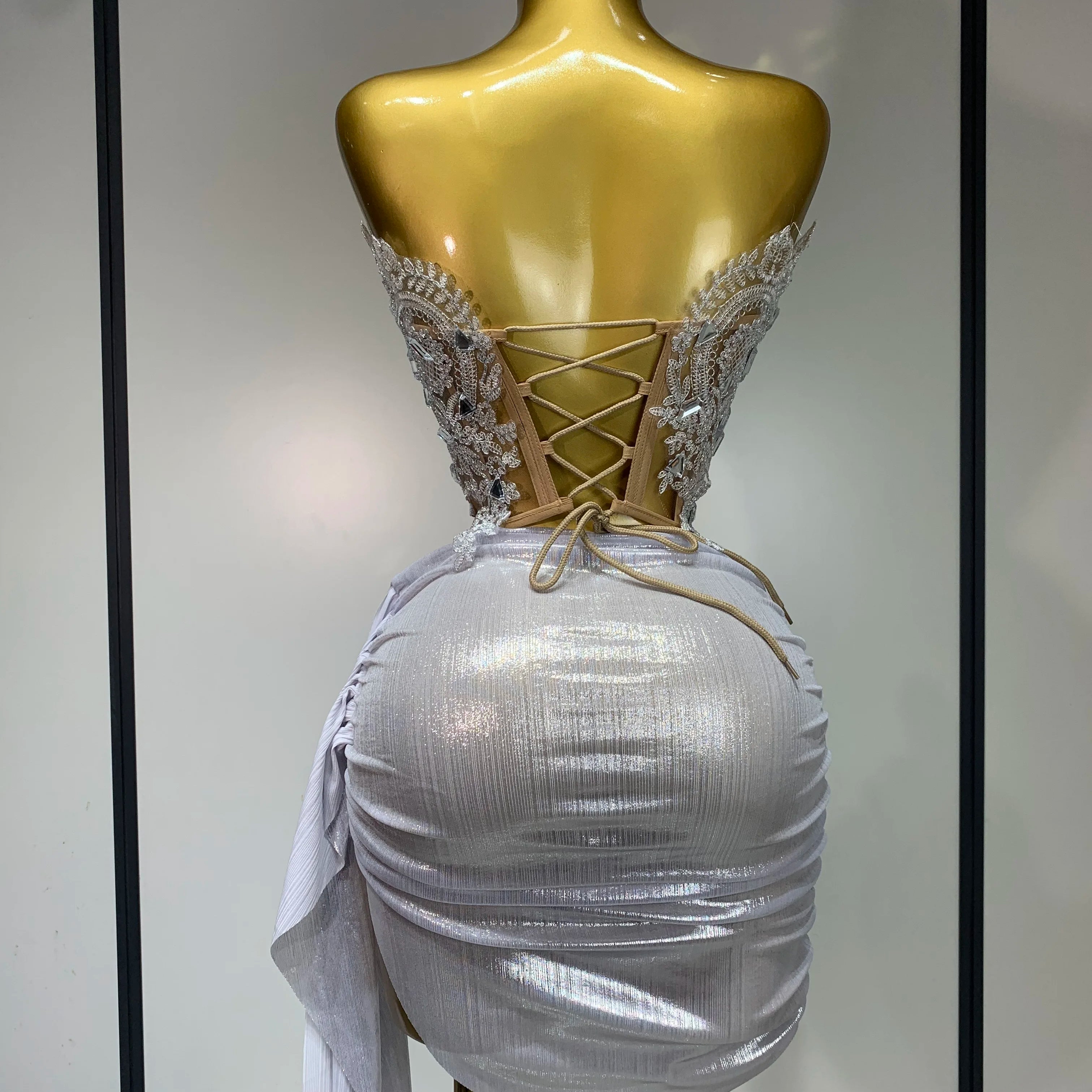 est 2025 Sparkly Blue Crystals Sequins Sexy Strapless Short Dress for Women Party Birthday Nightclub Singer Dancer Stage Wear