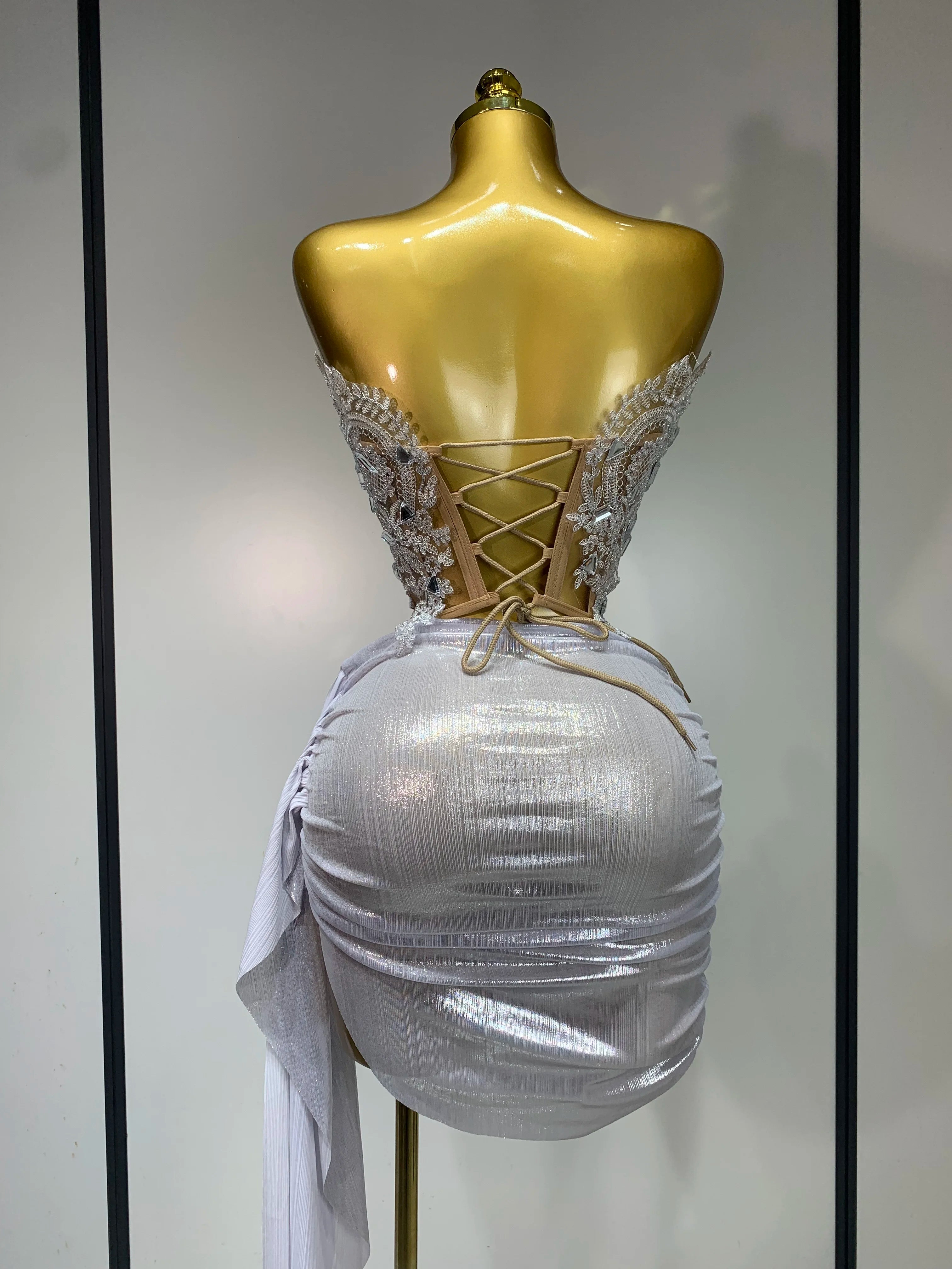 est 2025 Sparkly Blue Crystals Sequins Sexy Strapless Short Dress for Women Party Birthday Nightclub Singer Dancer Stage Wear