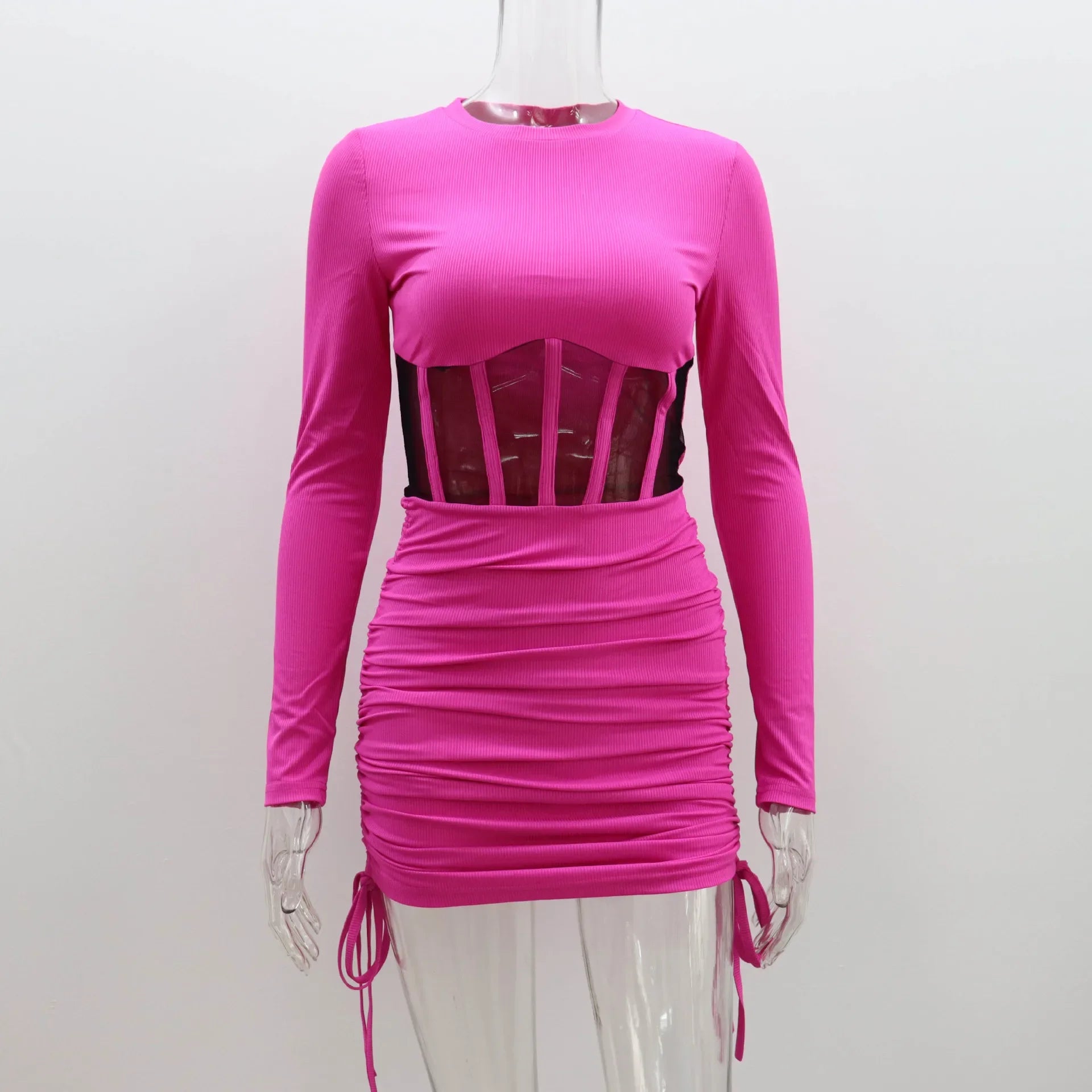 Autumn Winter O-neck Hollow Out Tunics Short Party Dress Streetwear Woman Casual Sexy Bodycon Shirring Mesh Corset Dresses Rose Red