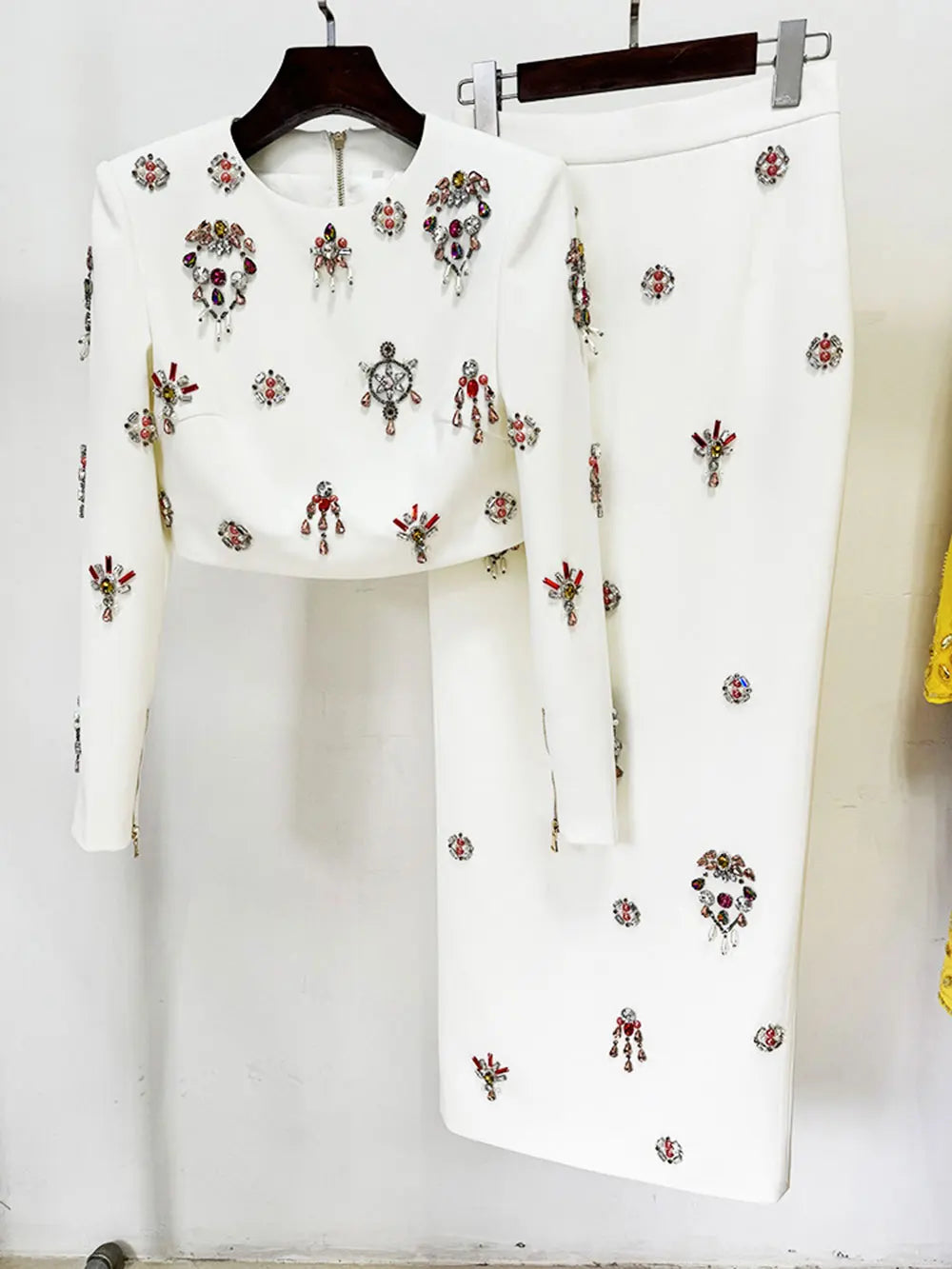 2024 New Elegant Women's Light Luxury Nail Bead Short Skirt Set O-neck Long Sleeve Ultra Short Top+Mini Skirt Two piece Set