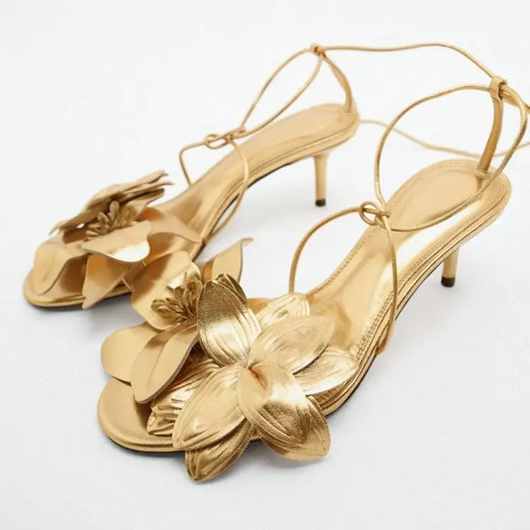 Ladies Solid Red Flowers Lace Up Unique Sexy Sandals Cross Tied Stiletto Heel Party 2024 New Arrival Summer Woman Shoes Gold