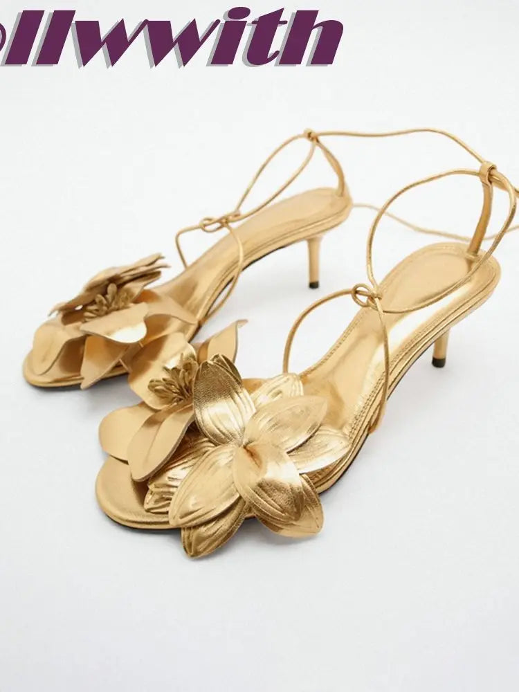 Ladies Solid Red Flowers Lace Up Unique Sexy Sandals Cross Tied Stiletto Heel Party 2024 New Arrival Summer Woman Shoes Gold