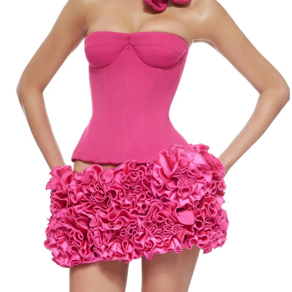 2024 Sexy Women'S Floral Mini Skirt Set Strapless Sleeveless Fishbone Backless Drawstring Vest+Mini Skirt Two-Piece Set
