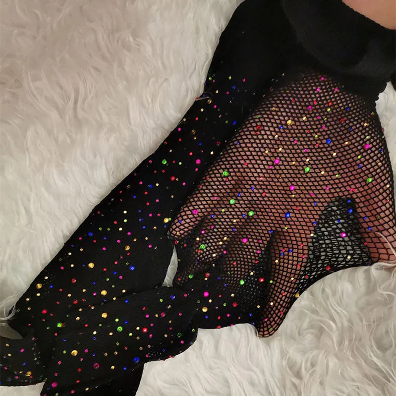 Summer Fishnet Diamond Pantyhose Women Sexy Fashion Shiny Net Tights Female Slim Rhinestone Mesh Nylon Stockings Tights Colorful Black One Size