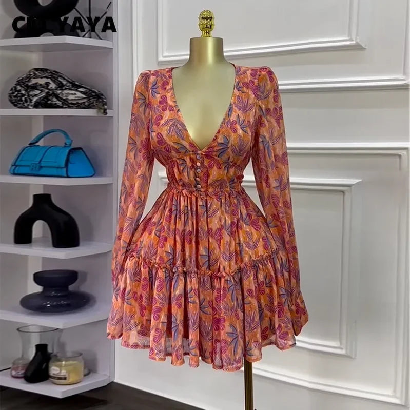 CM.YAYA Women V-neck Long Sleeve Pleated Mini Dress Sweet Elegant Floral Print Sexy Birthday Beach Night Party Vestidos Dresses