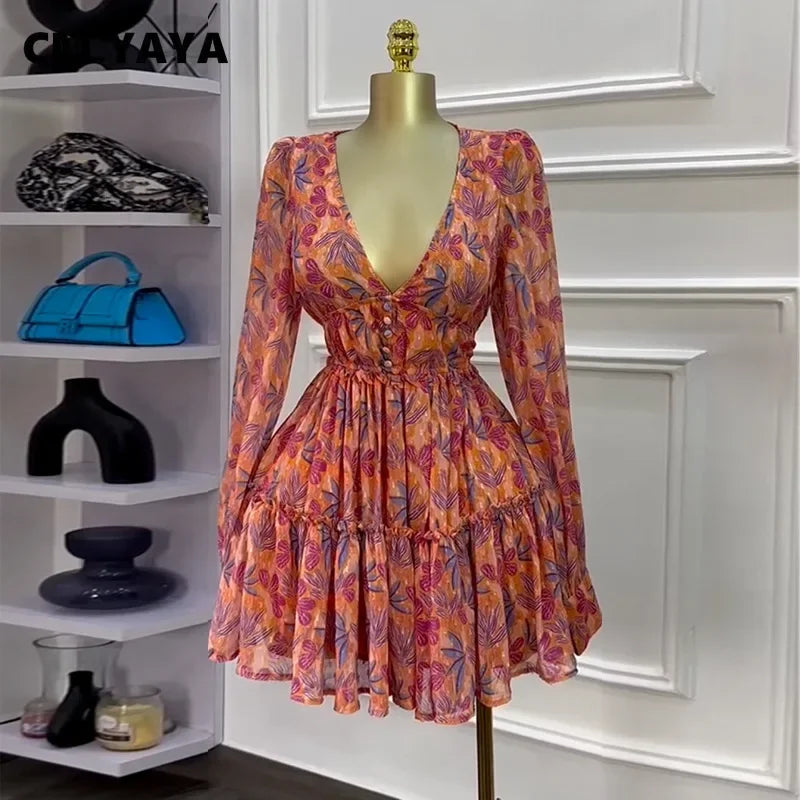 CM.YAYA Women V-neck Long Sleeve Pleated Mini Dress Sweet Elegant Floral Print Sexy Birthday Beach Night Party Vestidos Dresses