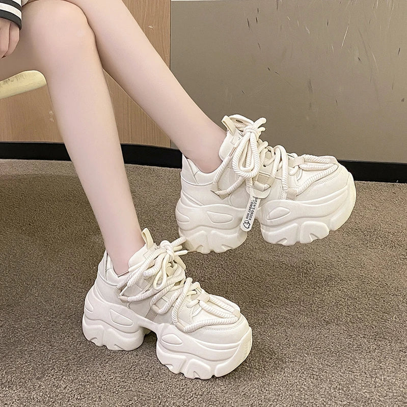 Women High Platform Sneakers 2023 New Autumn Breathable Chunky Dad Casual Shoes 7.5CM Thick Sole Trainers Leather Sneakers Woman