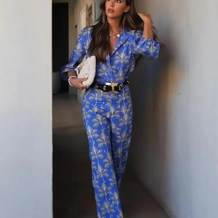 TRAFZA Women 2 Piece Set Print O-Neck Single-Breasted Decorate Long Sleeves Casual Top+Elegant Pocket Buttons Zipper Long Pant