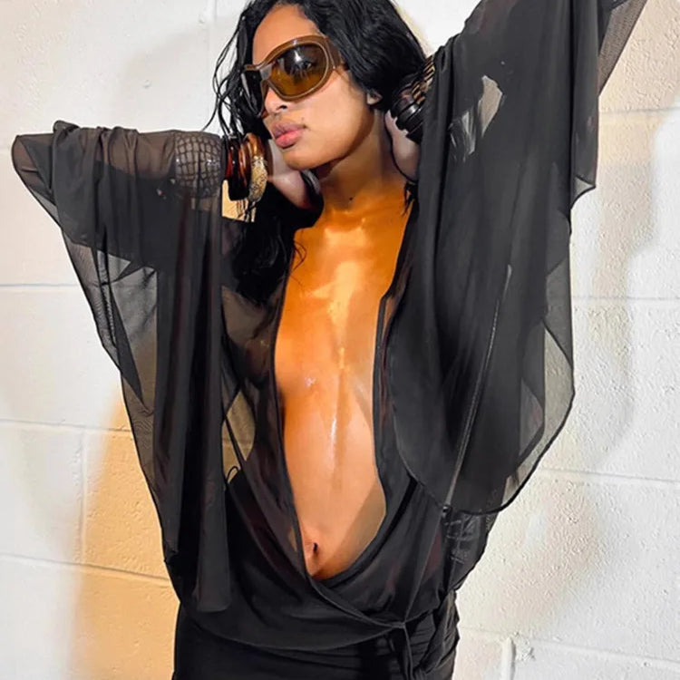 Mesh See Through Sexy Mini Dress For Women Black Sheer Mesh Deep V Neck Long Sleeve Backless Draped Ruched Dress