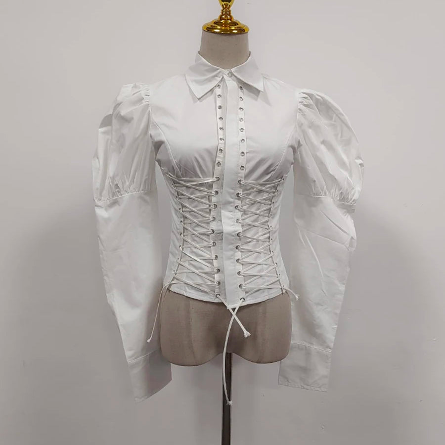 TWOTWINSTYLE Solid Slimming Spliced Lace Up Elegant Blouses for Women Lapel Long Sleeves Patchwork Folds Top Female Clothing New