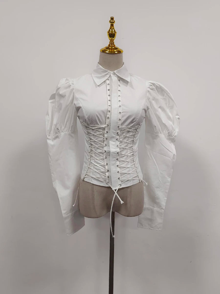 TWOTWINSTYLE Solid Slimming Spliced Lace Up Elegant Blouses for Women Lapel Long Sleeves Patchwork Folds Top Female Clothing New