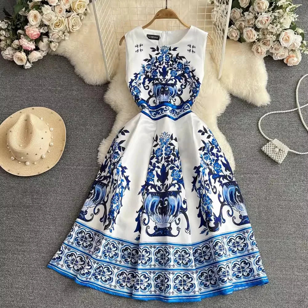 Summer Vintage Blue And White Porcelain Dresses Women's Sleeveless O Neck Tank Flower Print Vest Midi Long Party Vestidos