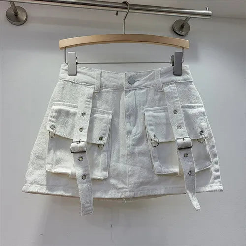 Retro Pink Large Pocket Denim Suit Spring Summer Sleeveless Short Vest High Waist Hip Wrapped Skirt 2 Pieces Sets Women Outfits White skirt