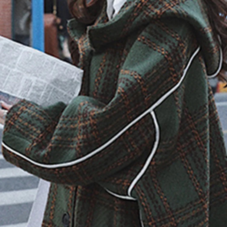 Autumn Winter Long Oversized Warm White Patchwork Plaid Wool Blends Trench Coats Women with Hood Runway Korean Fashion