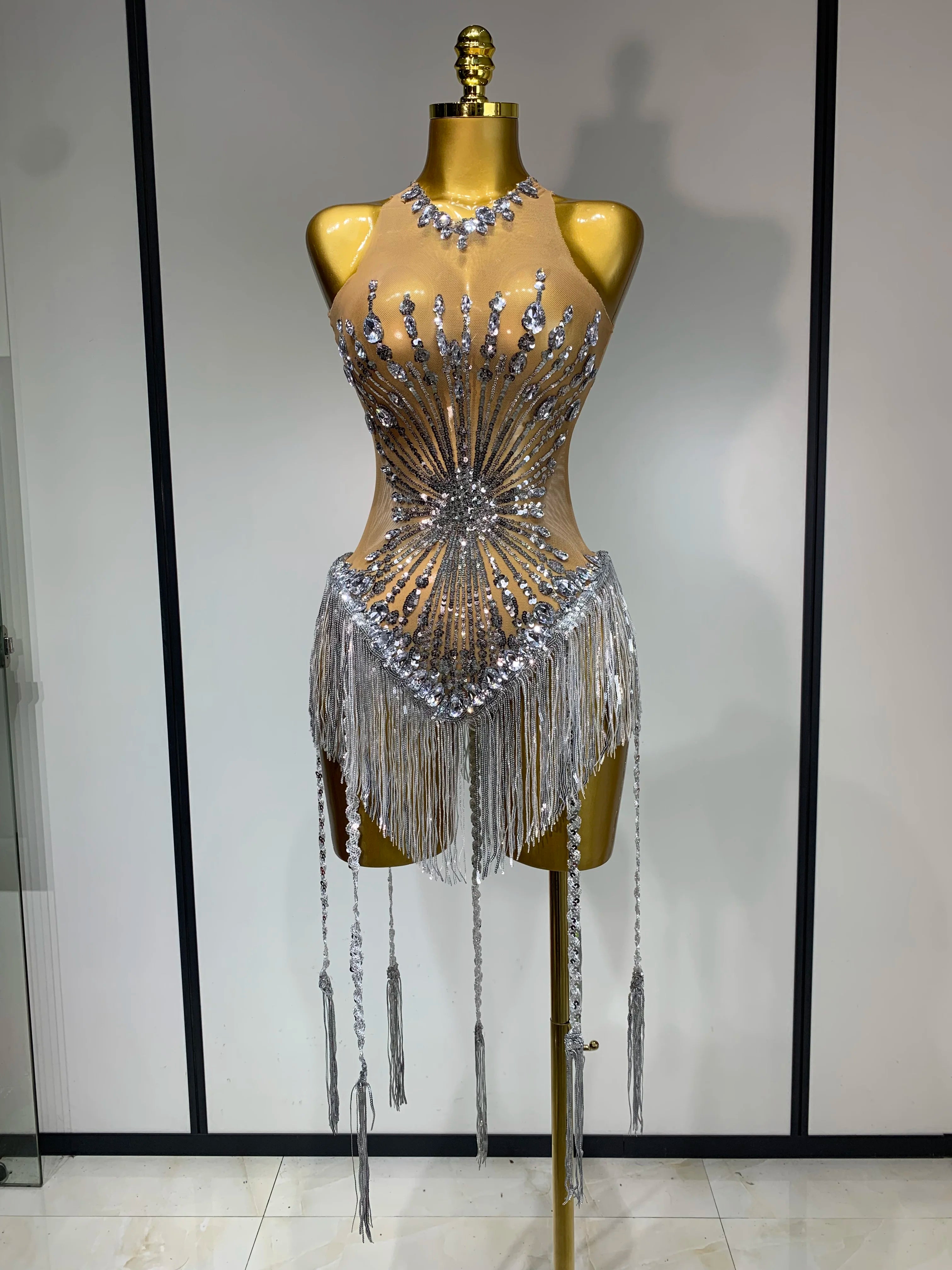 Women Sexy Mesh See Through Diamonds Long Tassels Bodysuit Luxury Evening Party Bar Nightclub Stage Performance Singer Outfit