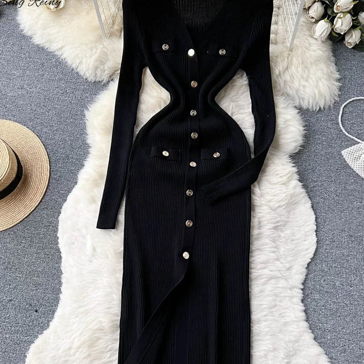 SINGREINY Winter Slim Design Knitted Dress V Neck Single Breasted A Line Split Midi Dress Long Sleeve Women Sweater Long Dress