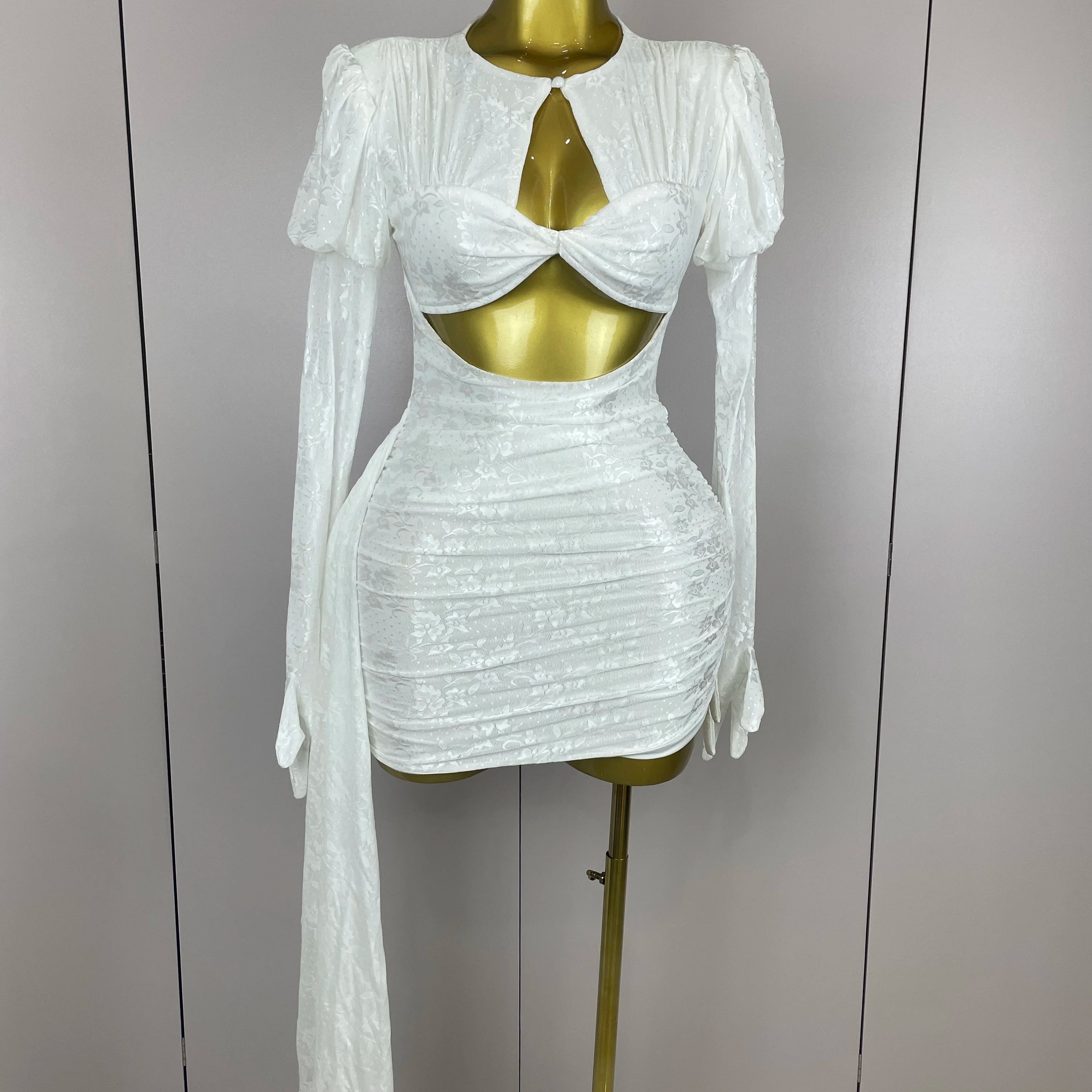 2025Women White Birthday Dress Fashion Long Sleeve O Neck Cut Out Bodycon Mini Trailing One Piece Celebrity Evening Club Dresses
