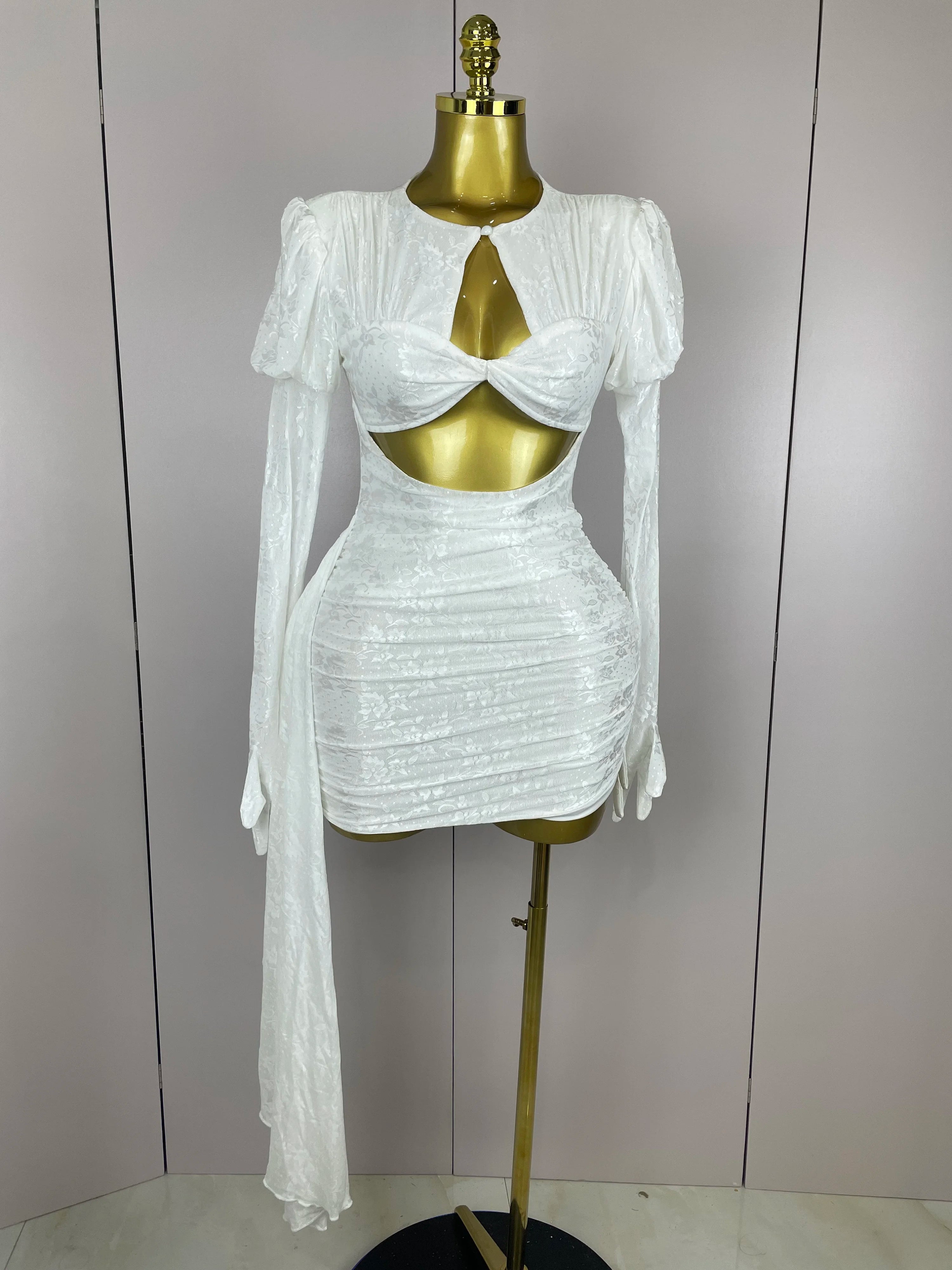 2025Women White Birthday Dress Fashion Long Sleeve O Neck Cut Out Bodycon Mini Trailing One Piece Celebrity Evening Club Dresses