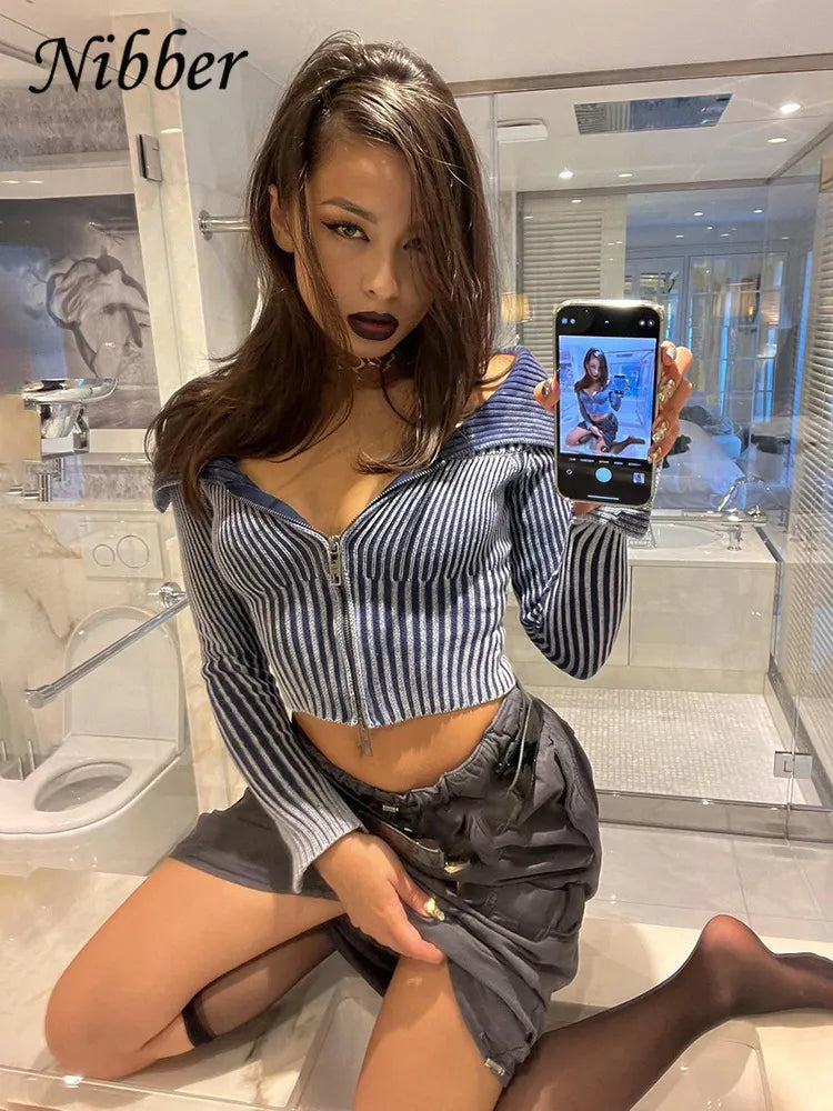 Nibber Autumn Winter Knit Contrast Color Sweater Women warm Fashion Lapel Slim Top Long-sleeved T-shirt Female Zipper Cardigans