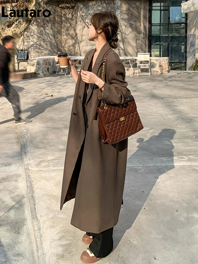 Autumn Long Coffee Flowy Blazer Coat Women with Back High Slit Double Breasted Loose Casual Korean Fashion Overcoat 2024