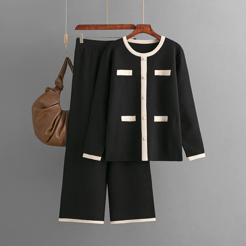 GIGOGOU Euro Designer Women Sweater Tracksuits Button Decorate Woman Sweaters + Wide Leg Pants Suits 2 / Two Pieces Sets Trouser Black One Size