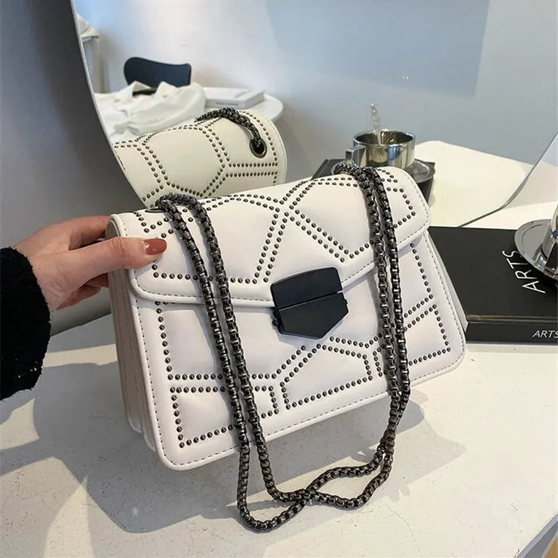 Vintage Rivet Chain Small Shoulder Bags For Women Flap PU Leather Fashion Small Square Crossbody Bag Designer Handbag white