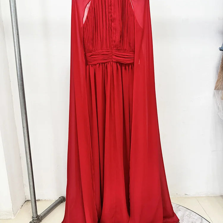 2025 New Arrival Red Color Women Fashion Cloak Sleeve Slim Floor-length Dress Elegant Eveening Party Celebrate Prom Outfit