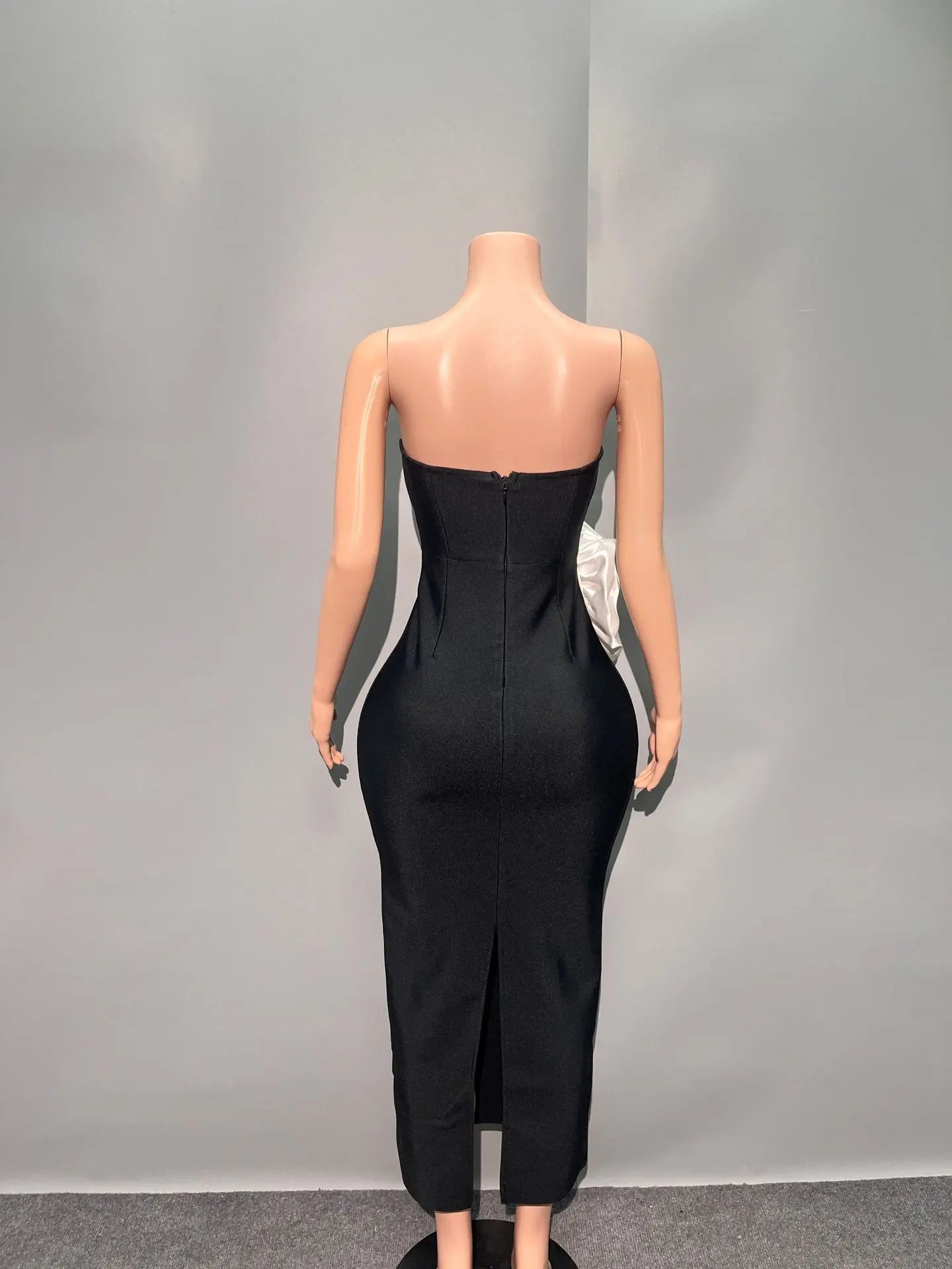 Black Color Women Sexy Strapless White Florals Bodycon Mid-calf Bandage Dress Celebrate Evening Party Birthday Outfit