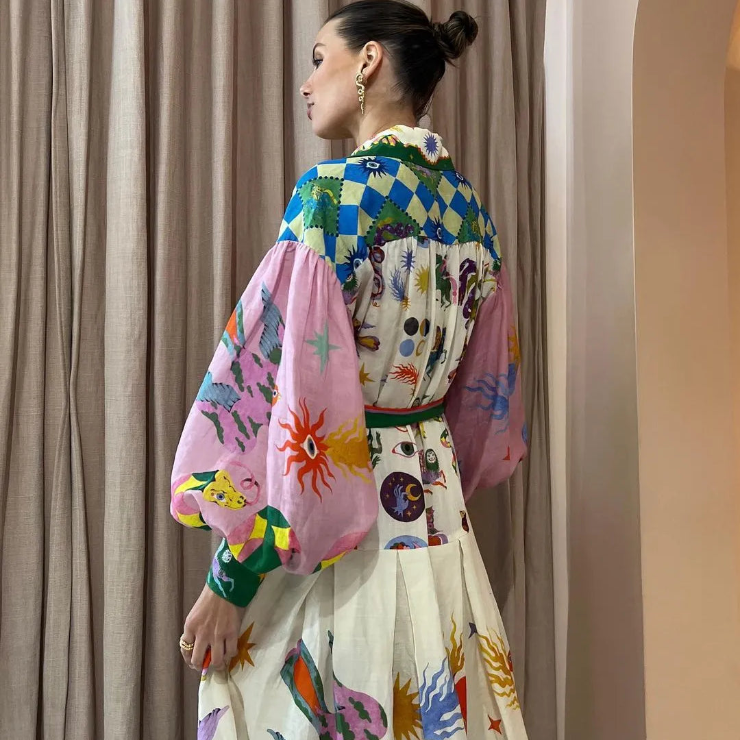 Polo Neck Printed Dress For Women Autumn New Retro French Palace Style Long Lantern Sleeve Loose Vintage Dresses Clothing