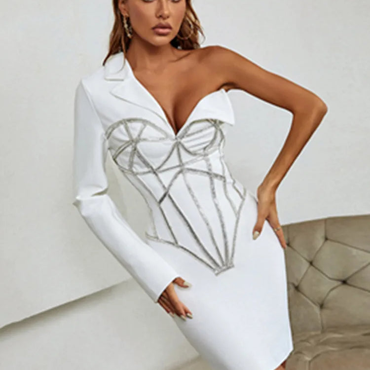 Winter Sexy Long Sleeve Single Beading Sparkly White Mini Women Bodycon Bandage Dress 2022 Elegant Evening Party Dress Vestido
