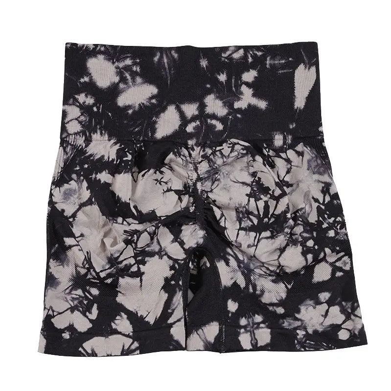 CHRLEISURE Tie Dye Women Shorts Seamless Yoga Tight Butt Lifting Workout Cycling Sweatpants High Waist Elastic Sports Leggings Black