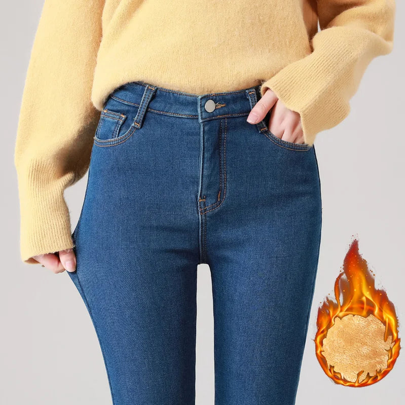 Winter Women Thermal Denim Skinny Stretch Jeans Oversized High Waist Plush Warm Lamb Fleece Mom Pants Plus Size Pencil Trousers Blue