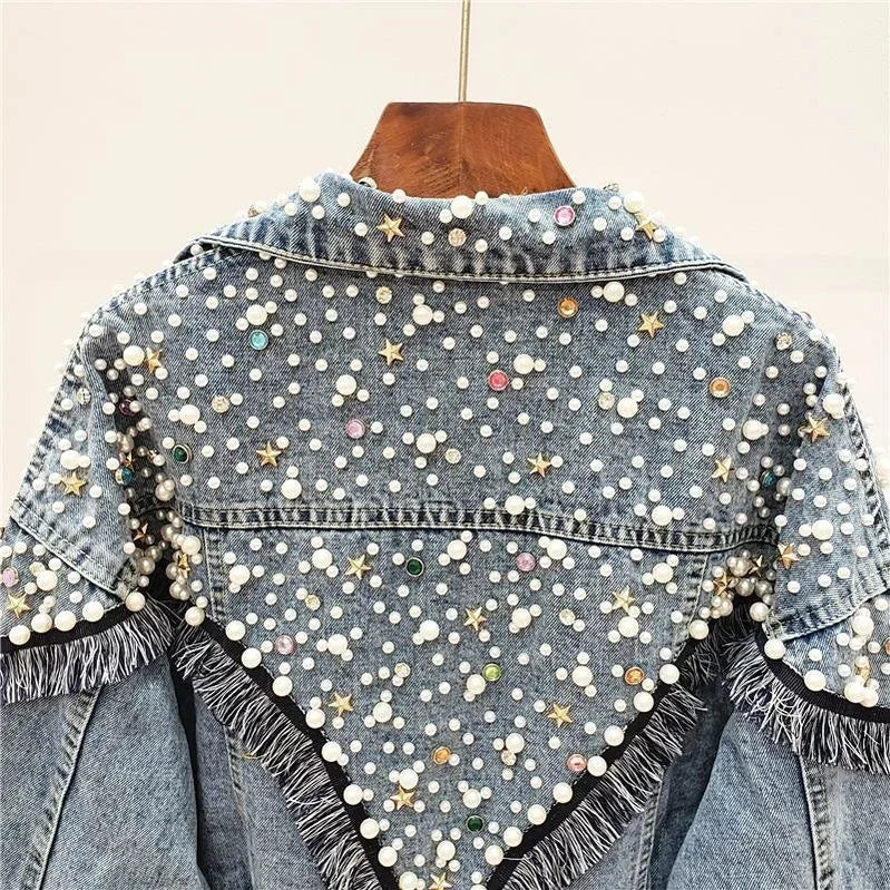 New Mujer Spring Autumn Streetwear Denim Jacket Women Hand-studded Pearls Punk Tassel Veste Femme Loose Short Jeans Coats