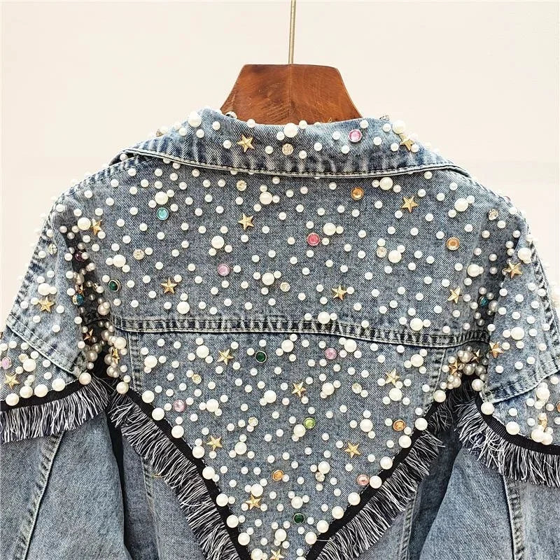 New Mujer Spring Autumn Streetwear Denim Jacket Women Hand-studded Pearls Punk Tassel Veste Femme Loose Short Jeans Coats