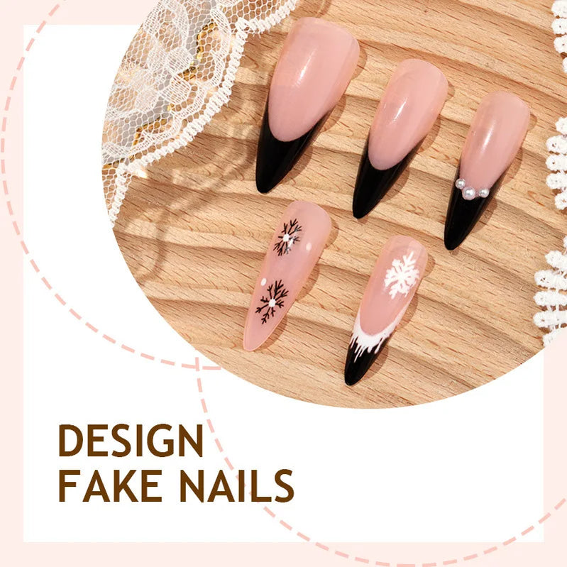 Long Stiletto Black French Fake Nails for Women Christmas Party Nude Color Press On Nails Black/White Snowflake Printed Nail Art