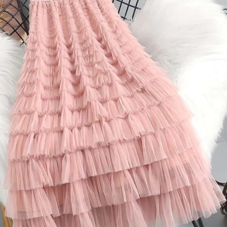 Spring Summer Women High Waist Slim Long Skirt Lolita Style Sweet Multilayered Mesh Patchwork Cake Skirt Pink One Size