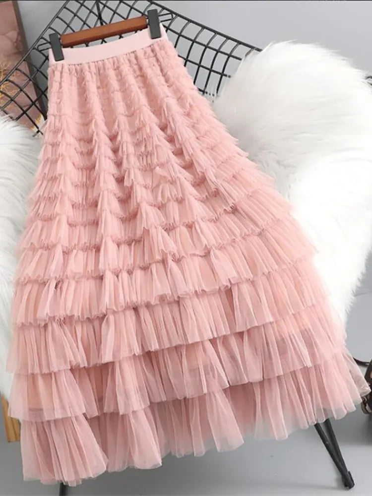 Spring Summer Women High Waist Slim Long Skirt Lolita Style Sweet Multilayered Mesh Patchwork Cake Skirt Pink One Size