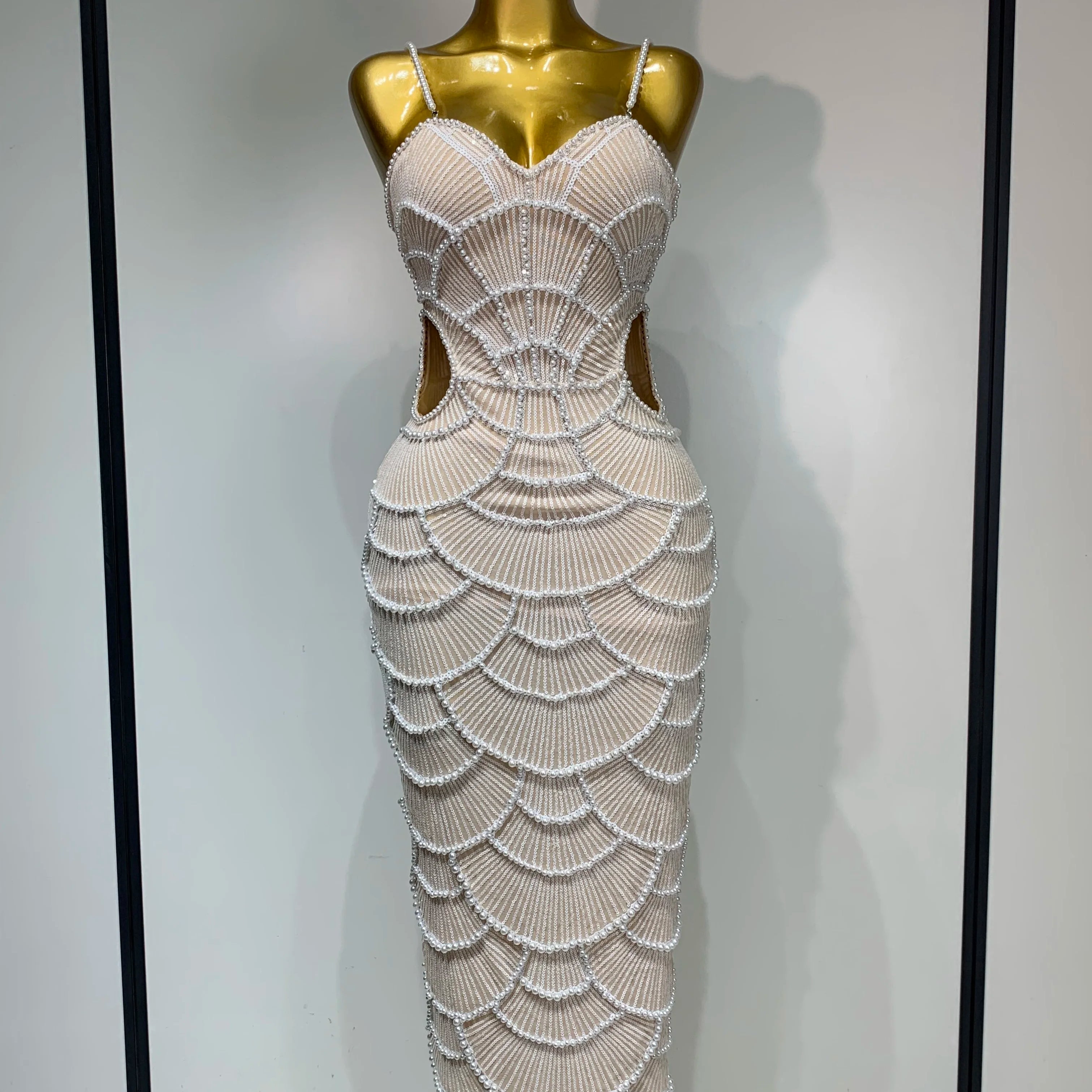 Women Sexy V Neck Pearl Beading Cut Out Maxi Long Bodycon Prom Gowns Dress Luxury Birthday Elegant Evening Party Club Dress