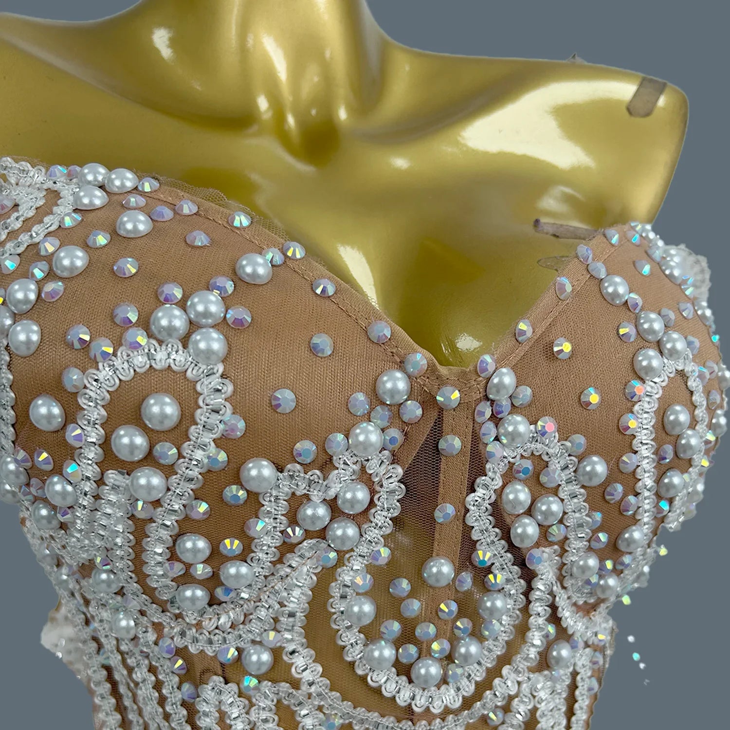 Sparkly Sequins White Pearl Strapless Top Skirt Two Pieces Set Hot Girls Birthday Party Dress Up Nightclub Dance Outfits Lurong