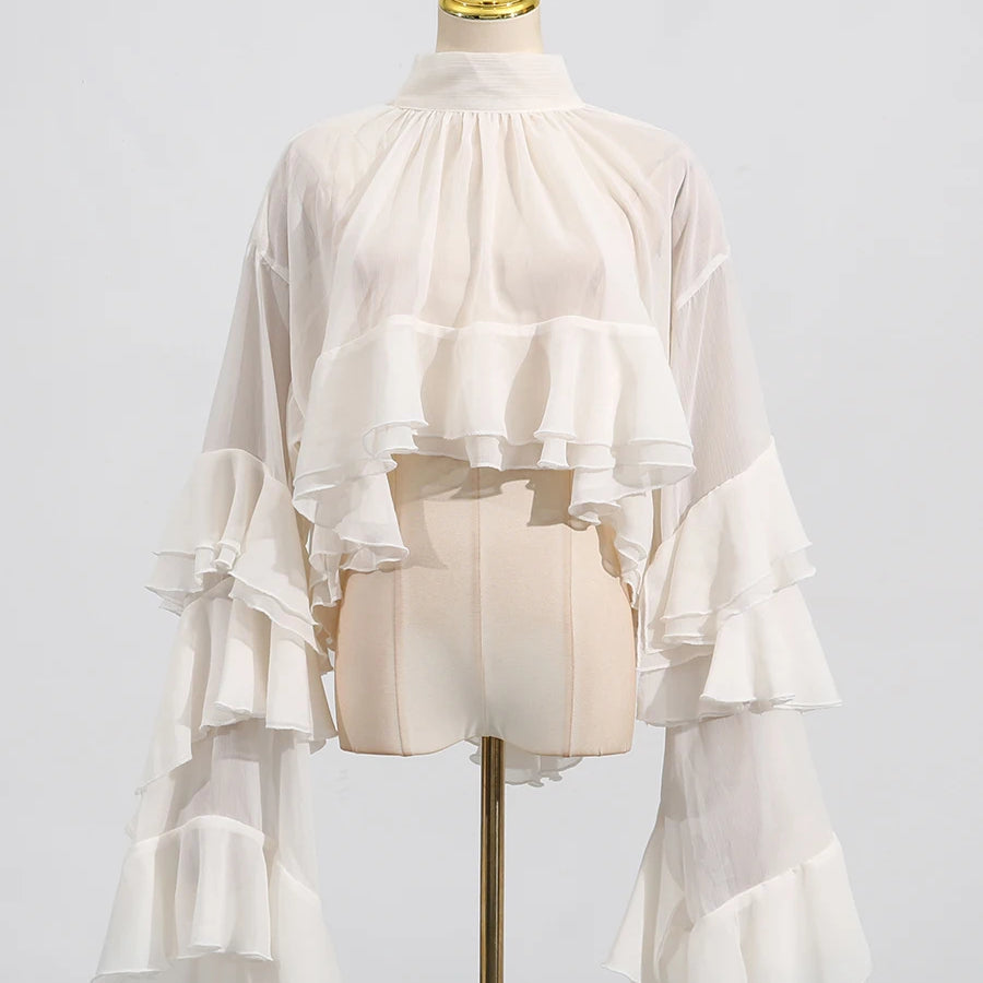 TWOTWINSTYLE Solid Loose Sheer Blouses for Women High Neck Long Sleeves Patchwork Ruffles Folds Elegant Blouse Female Clothing