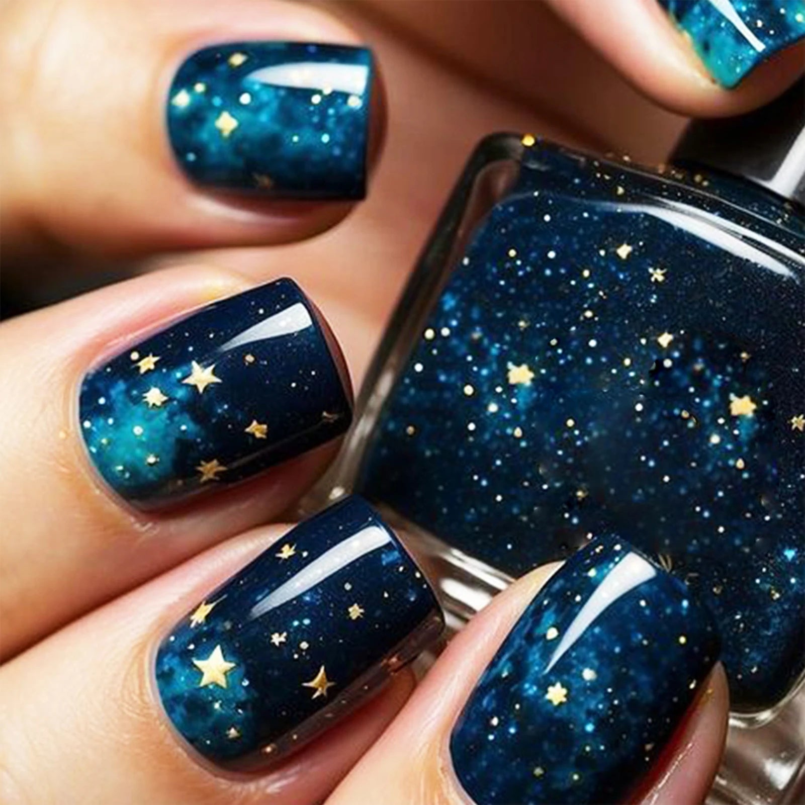 Shiny Blue Fake Nails 24Pcs Short Square Press On Nails Sparkly Gold Star Designs Reusable Acrylic False Nails Tips for Woman