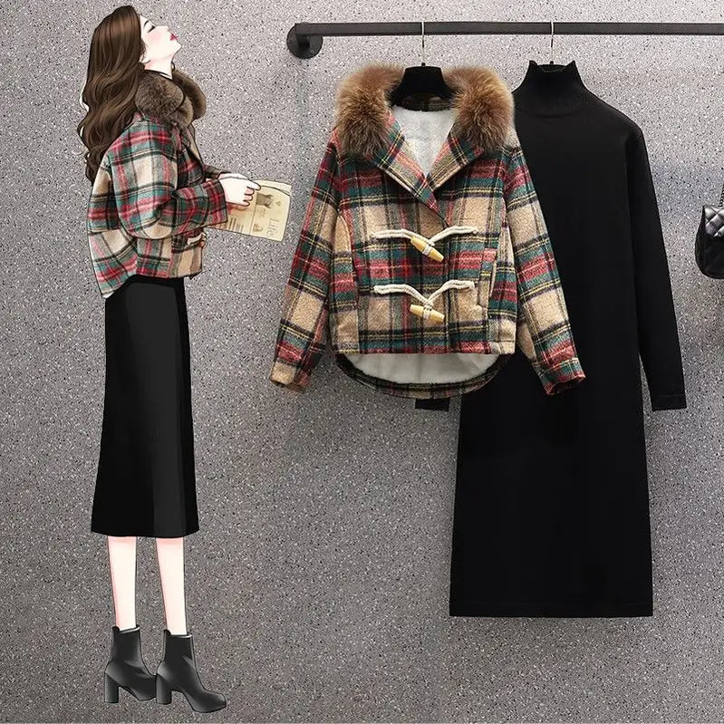 Winter New Korean Style Plush Thickened Plush Neck Jacket Knitted Dress Two Piece Elegant Women's Dress Set