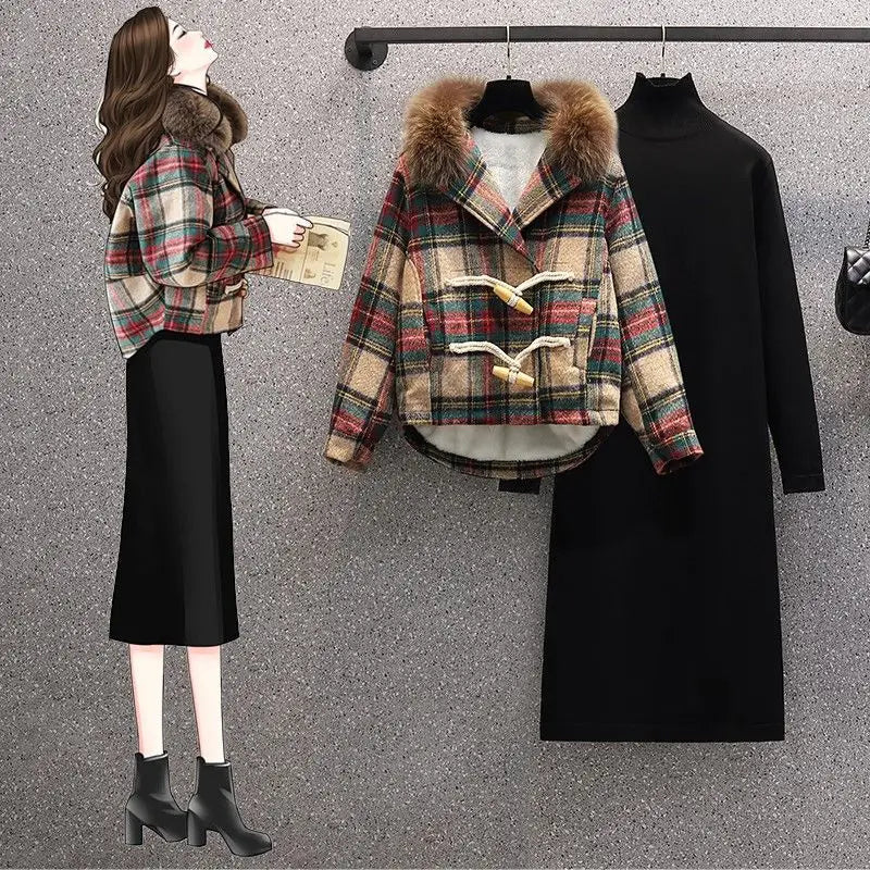 Winter New Korean Style Plush Thickened Plush Neck Jacket Knitted Dress Two Piece Elegant Women's Dress Set