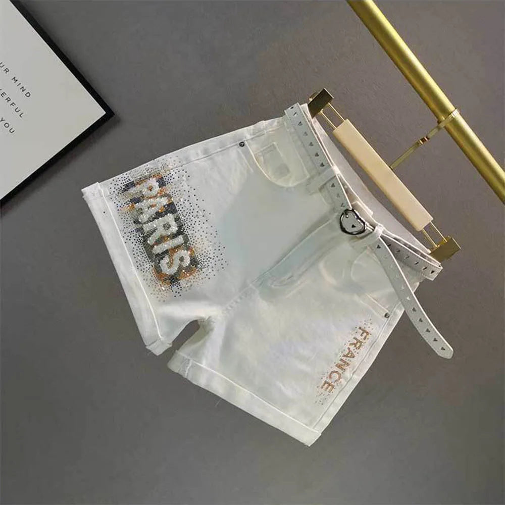 White Denim Shorts Women's 2024 Summer European Station Loose High Waist Hot Pants Fashion Letter Diamond Jean Pants Ladies