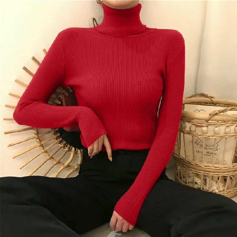 Winter Turtleneck Women's Sweater Knitted Pullover Soft Slim Long Sleeve Top Solid Color Basic High Neck Jumper Woman Clothing red-High neck One Size(40-65kg)