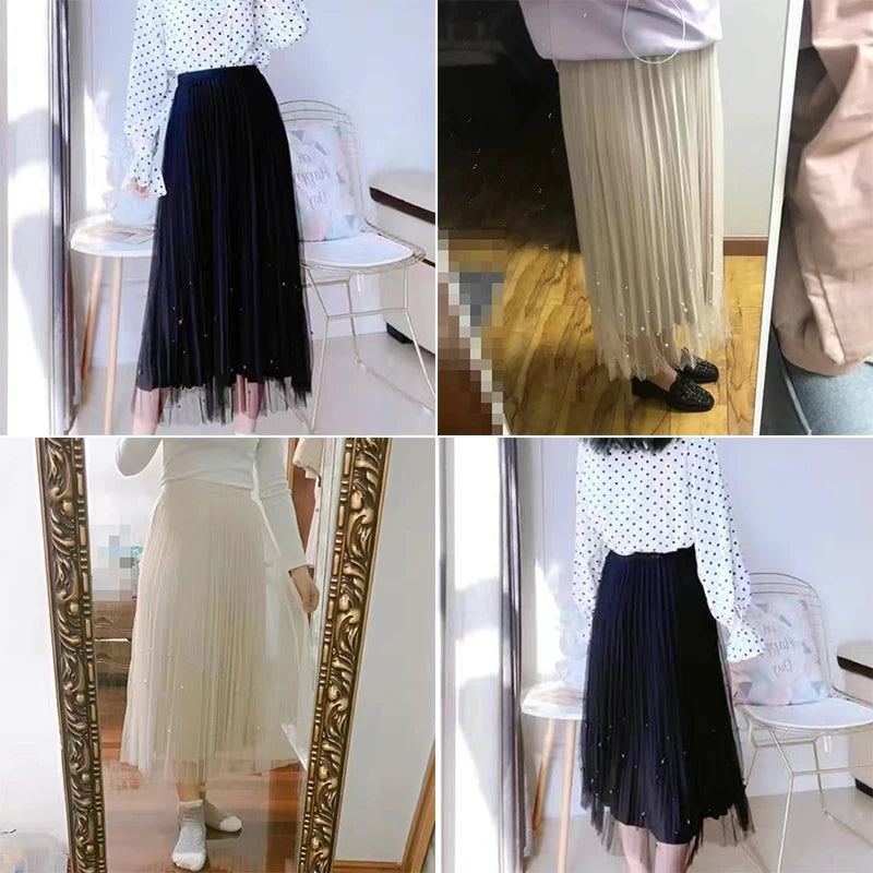 Both Sides Wear Pearls Mesh Skirt Women Summer Velvet High Waist Long Skirts Woman Solid Color A Line Pleated Skirts