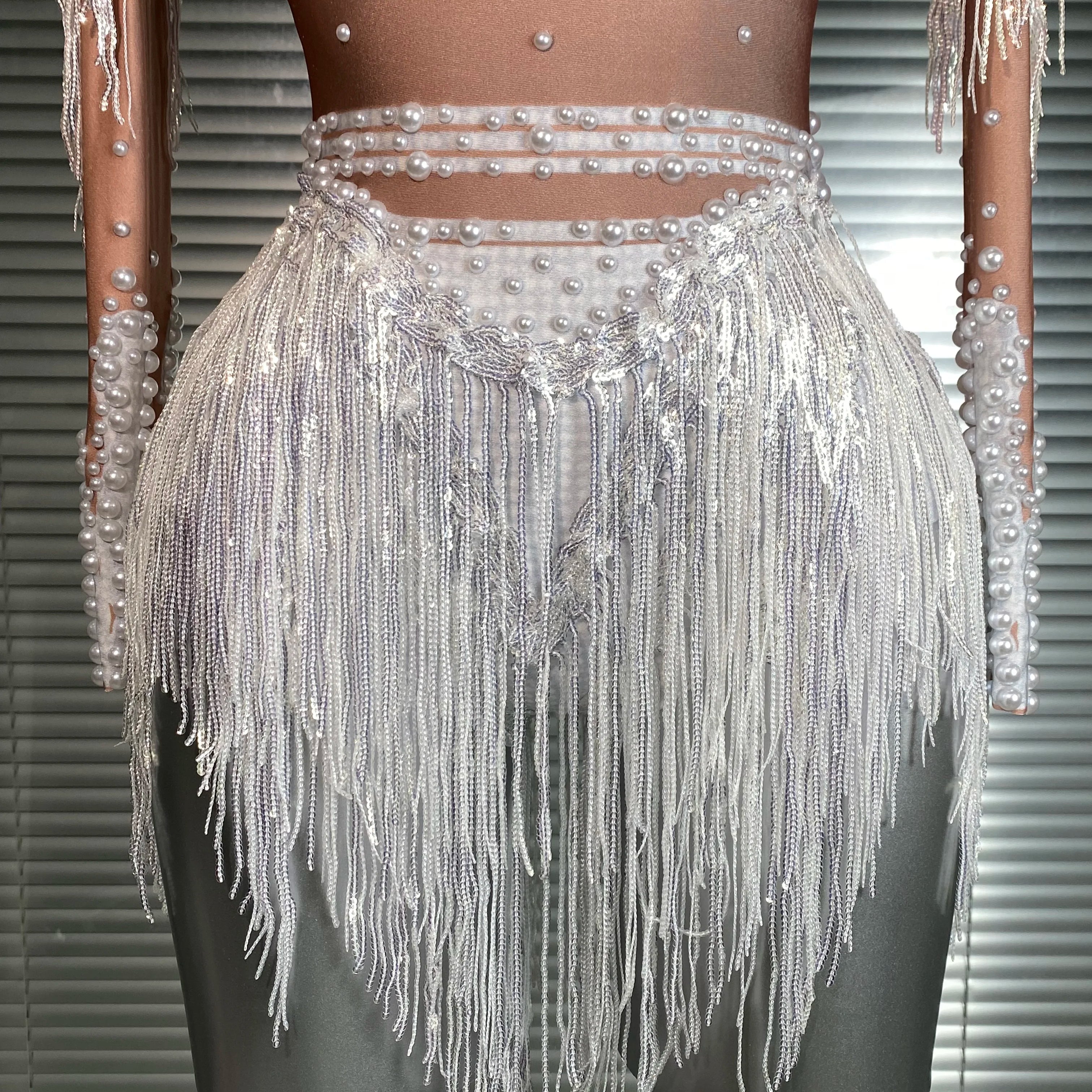Women Sexy Skin Whtie Red Gold Crystal Stretchy Night Club Singer Dancer Tassel Dancer Red Stage Costume Party Bodysuit
