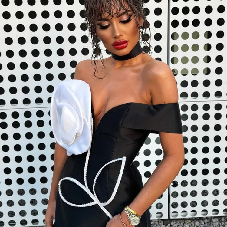 Women Celebrity Sexy Off Shoulder White Flower Black Mini Bodycon Bandage Dress Elegant Evening Club Party Dress