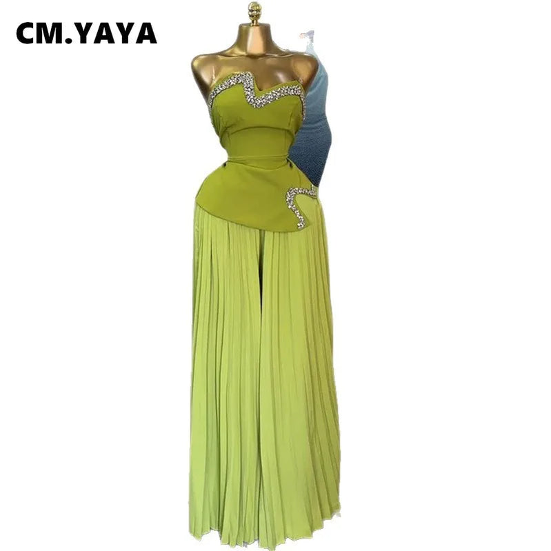 CM.YAYA Women's Set Diamonds Hot Rhinestones Crop Top and Pleated Wide Leg Pants Suit 2025 Two 2 Piece Sets Outfits Tracksuit