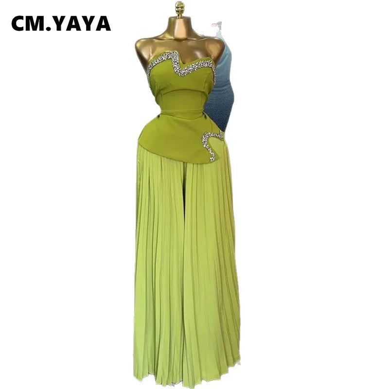 CM.YAYA Women's Set Diamonds Hot Rhinestones Crop Top and Pleated Wide Leg Pants Suit 2025 Two 2 Piece Sets Outfits Tracksuit